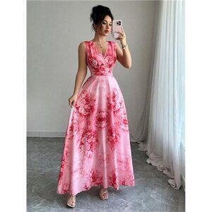 Elenzga New Women Shirred Sleeveless Woven Floral Print Dress With Waist